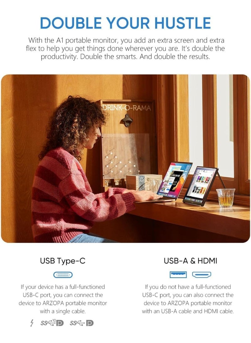 ARZOPA Portable Monitor 15.6'' FHD 1080P - Ultra-Slim Portable Laptop Monitor with Kickstand - IPS Display for PC, MAC, Phone, Xbox, PS5 - USB C & HDMI Connectivity(With Free Waterproof Monitor Sleeve Bag) - Image 2